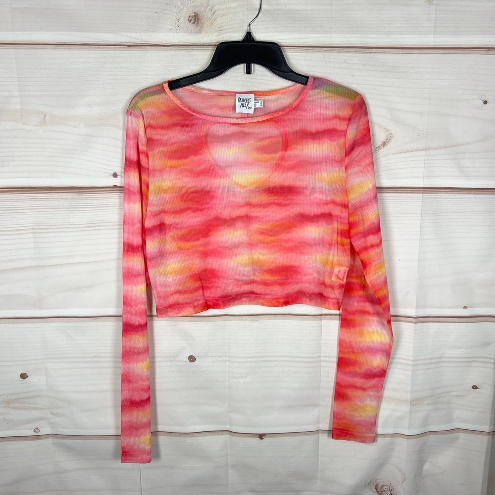 Princess Polly Top Womens US 12 Pink Yellow Printed Blouse Sheer Mesh Cut Out